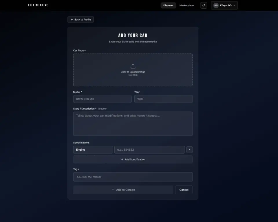 Cult of Drive form for adding a car to the garage