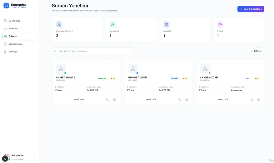 Enterprise Fleet System driver management screen