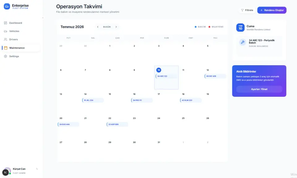 Enterprise Fleet System maintenance calendar